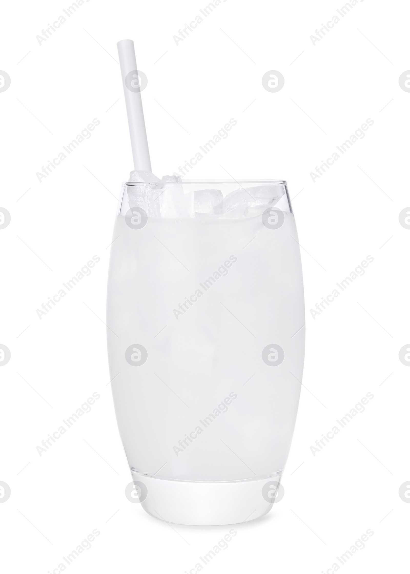 Photo of Glass of coconut water with ice cubes isolated on white