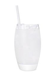 Photo of Glass of coconut water with ice cubes isolated on white