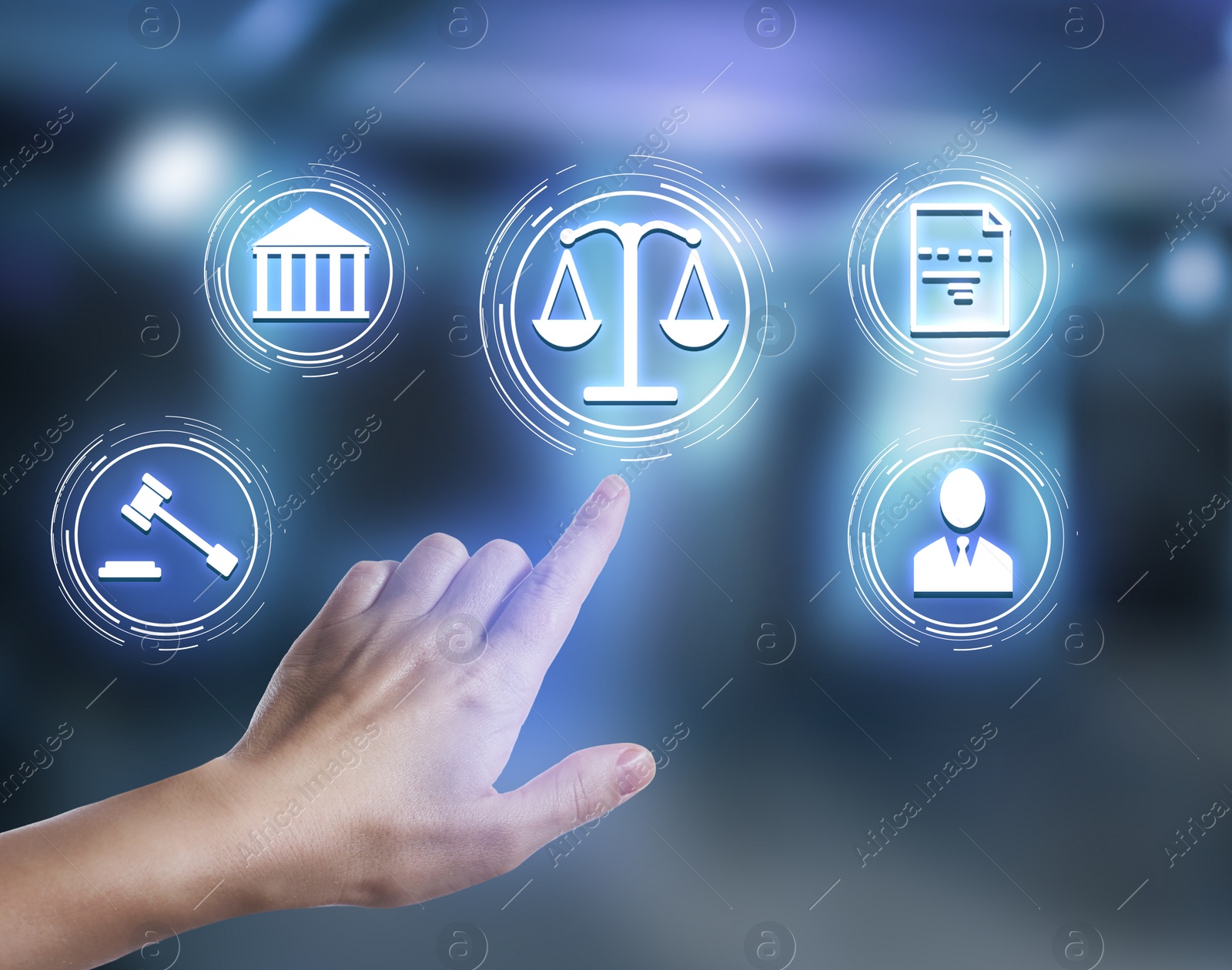 Image of Laws, legal information and online consultation. Woman using virtual screen with icons, closeup