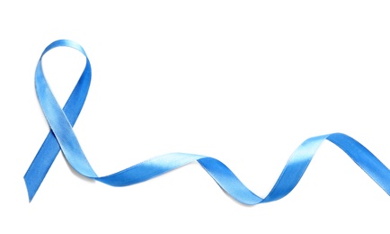 Photo of Blue ribbon on white background, top view. Cancer awareness