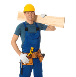 Photo of Handsome carpenter with wooden planks isolated on white