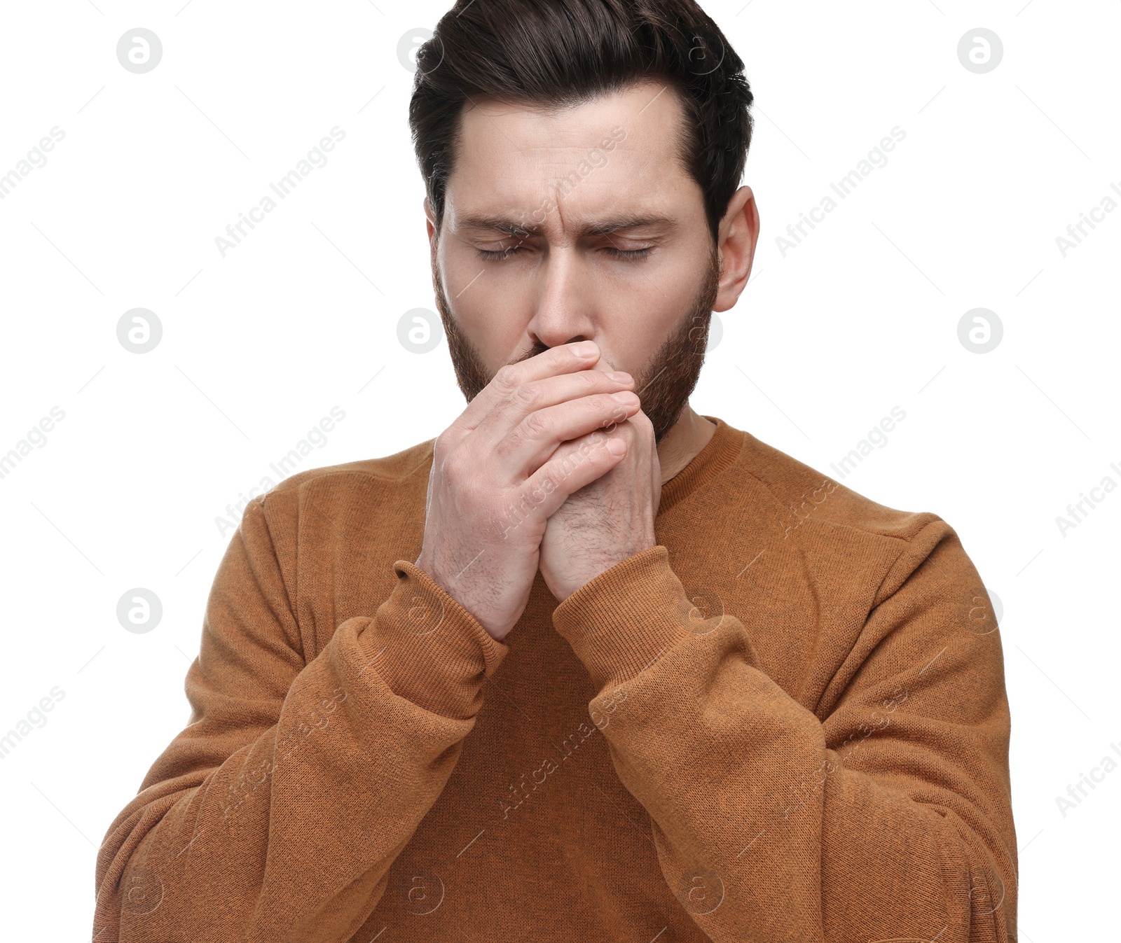 Photo of Sick man coughing on white background. Cold symptoms