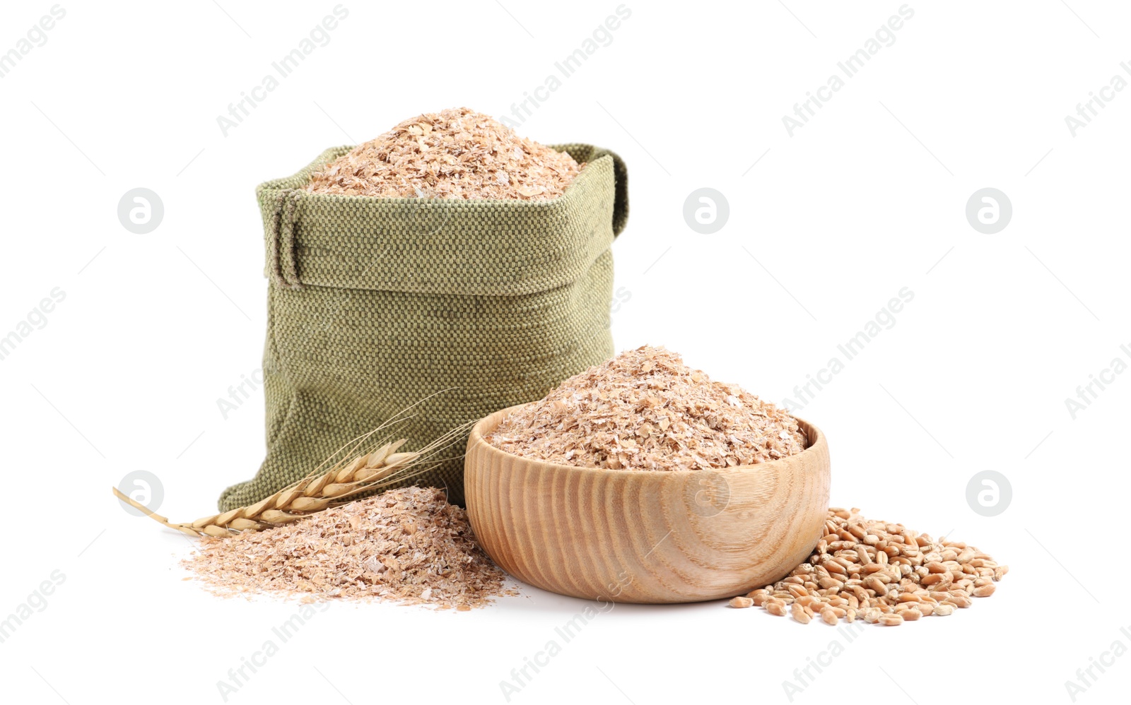 Photo of Wheat bran in sack and bowl on white background