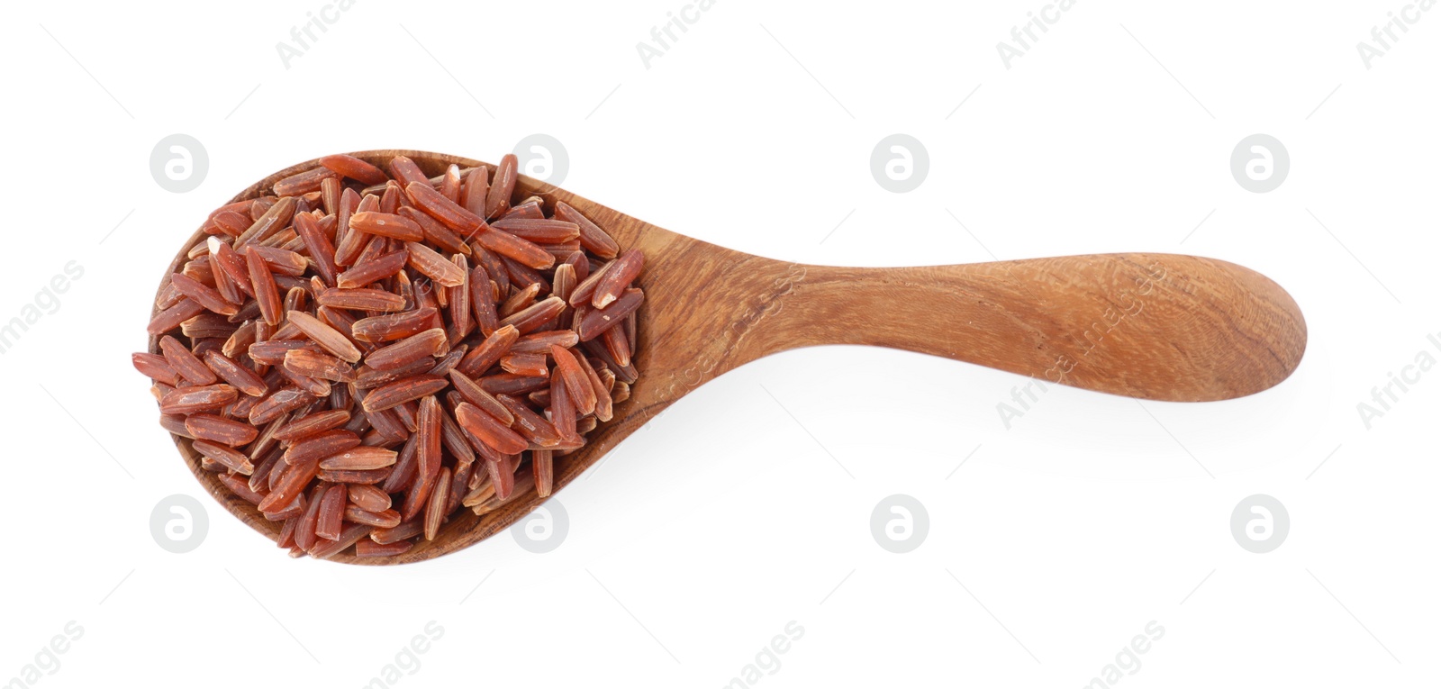 Photo of Spoon with raw red rice isolated on white, top view