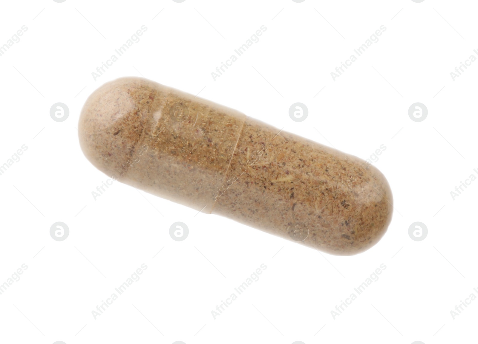 Photo of One vitamin capsule isolated on white, top view