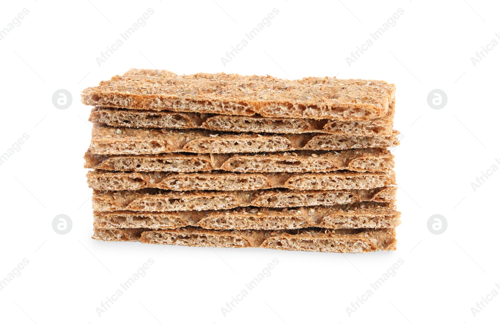 Photo of Pieces of crunchy rye crispbreads on white background