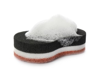Photo of Layered cleaning sponge with foam on white background