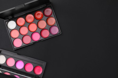 Photo of Cream lipstick palettes on black background, flat lay with space for text. Professional cosmetic product