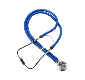 Photo of Modern stethoscope on white background. Medical device