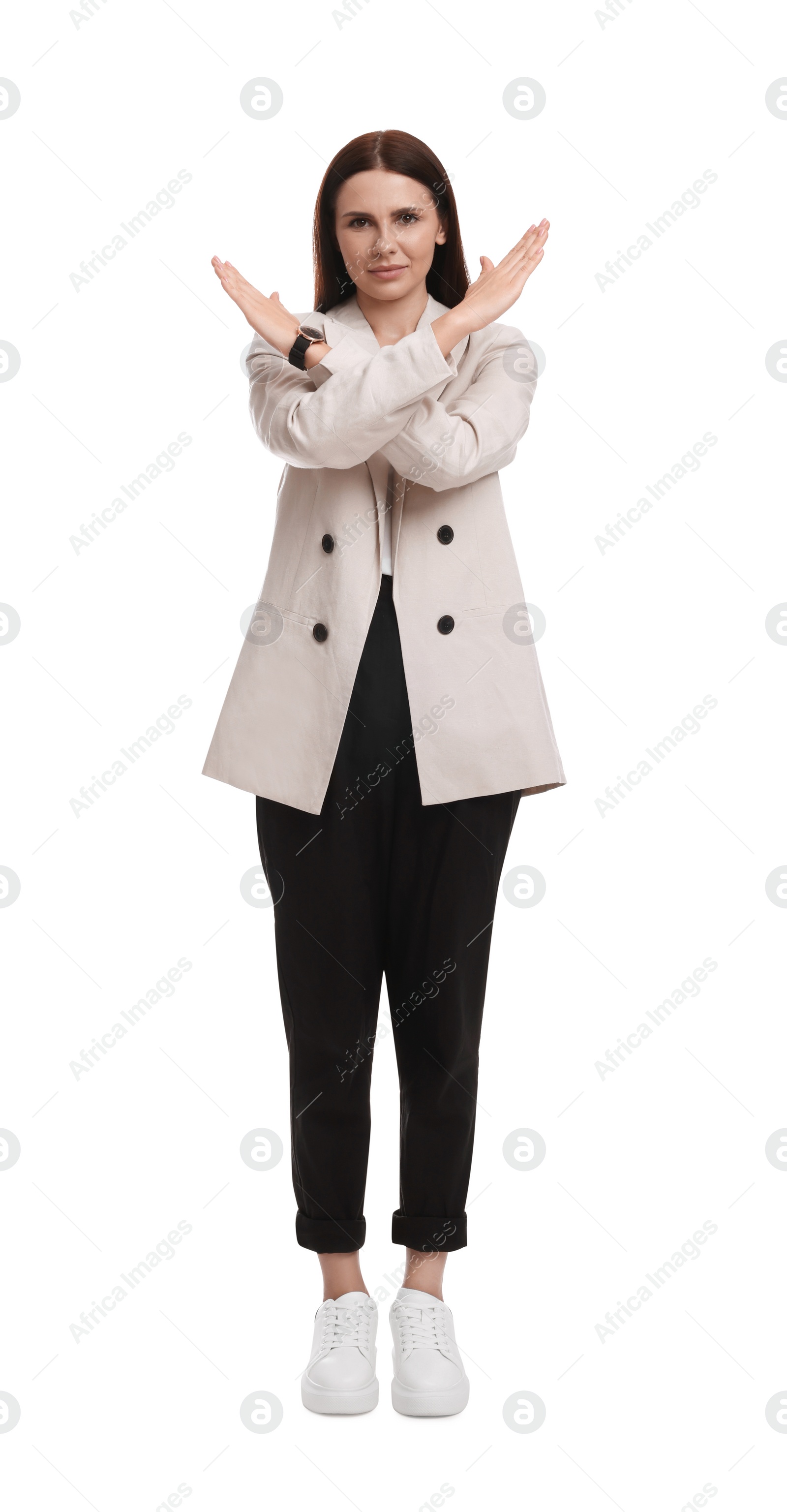 Photo of Beautiful young businesswoman in suit on white background