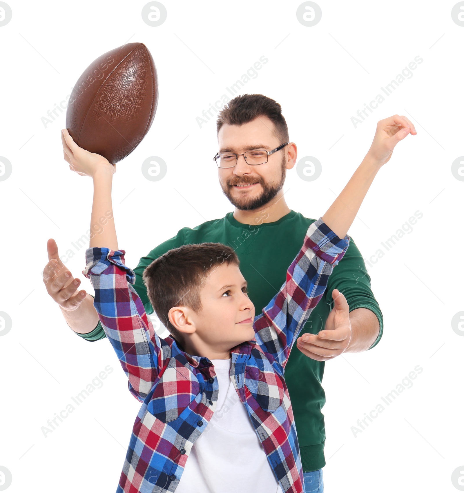 Photo of Little boy and his dad with ball on white background