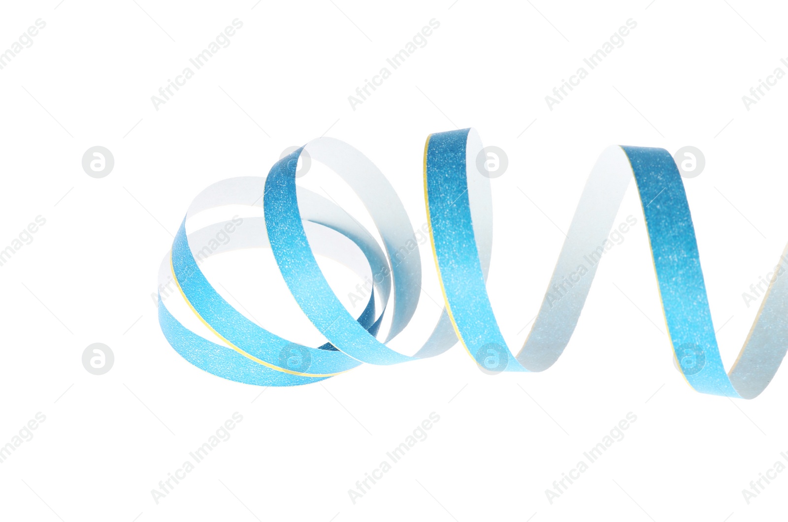 Photo of Blue serpentine streamer on white background. Festive decor