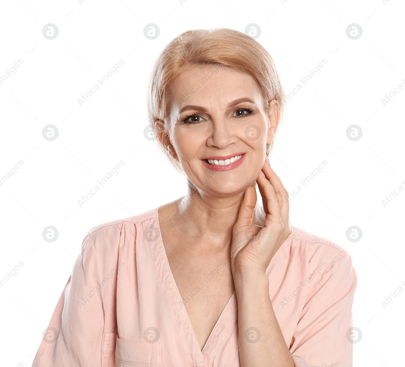 Photo of Portrait of mature woman with beautiful face on white background