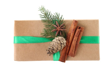 Photo of Christmas gift box with decoration on white background, top view