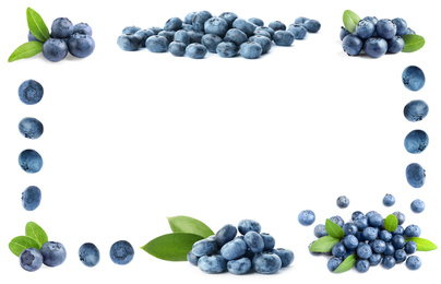 Frame of fresh blueberries on white background