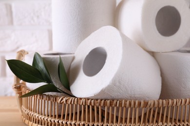 Photo of Toilet paper rolls and green leaves on table
