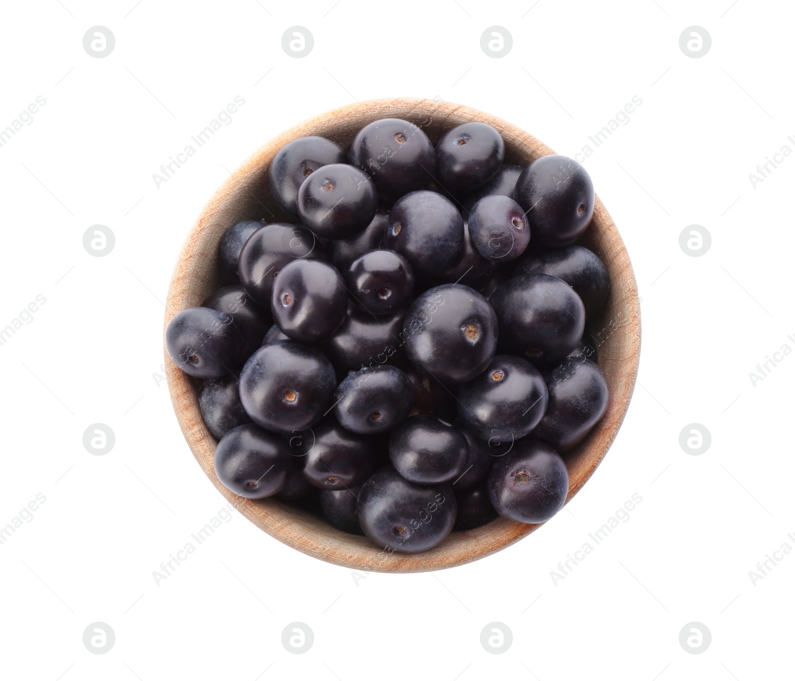 Photo of Fresh acai berries in bowl isolated on white, top view