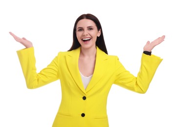 Photo of Beautiful happy businesswoman in yellow suit on white background