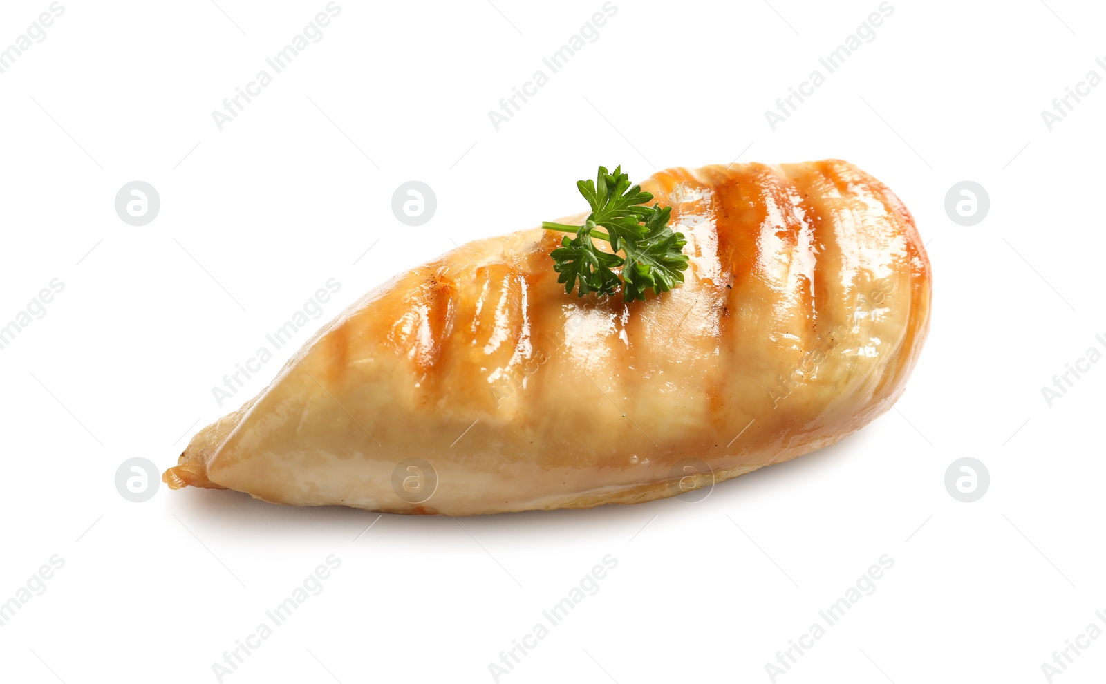 Photo of Grilled chicken breast with parsley on white background