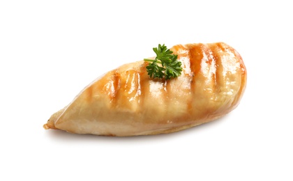 Photo of Grilled chicken breast with parsley on white background