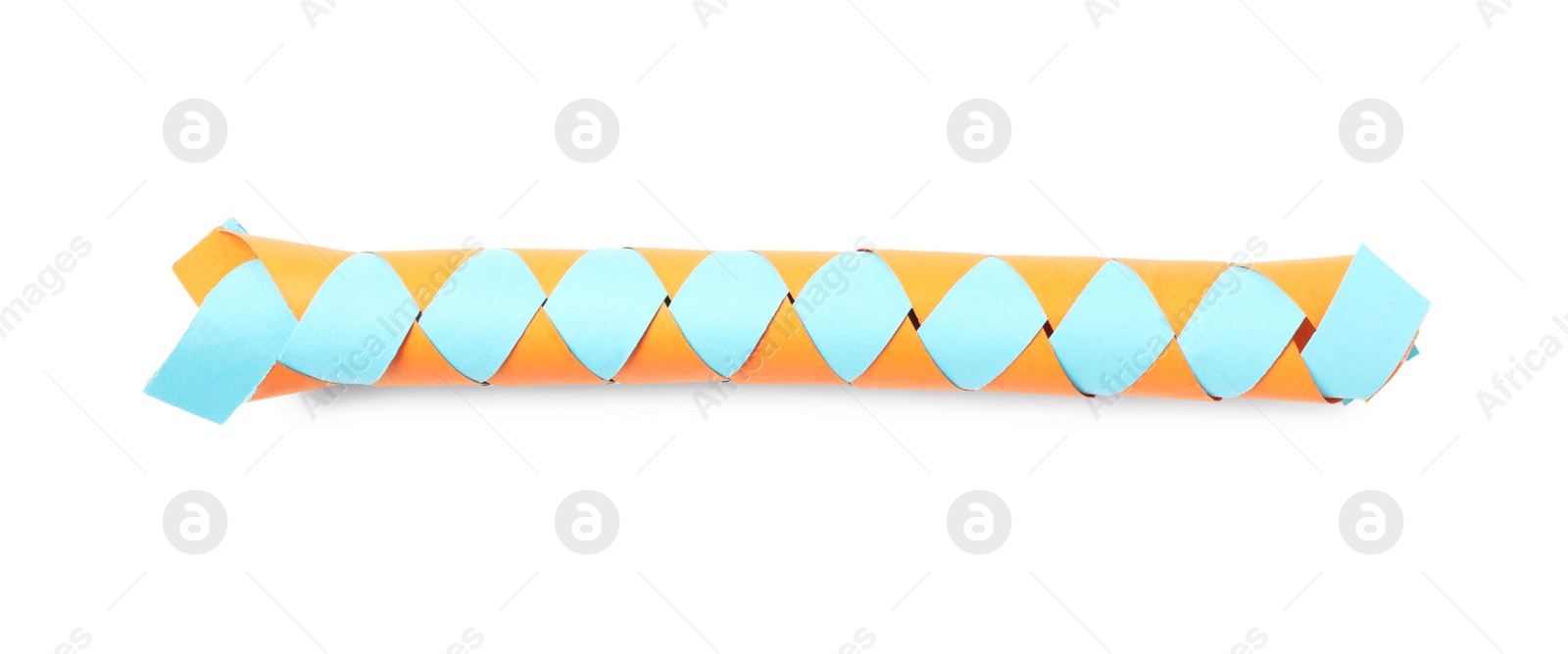 Photo of Chinese finger trap isolated on white, top view