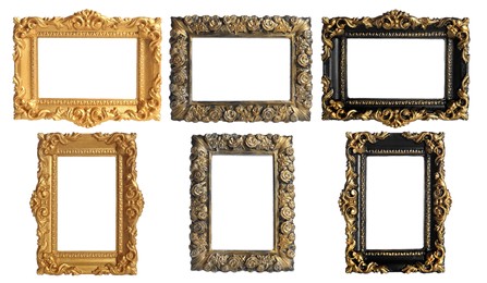 Image of Set of different vintage frames on white background