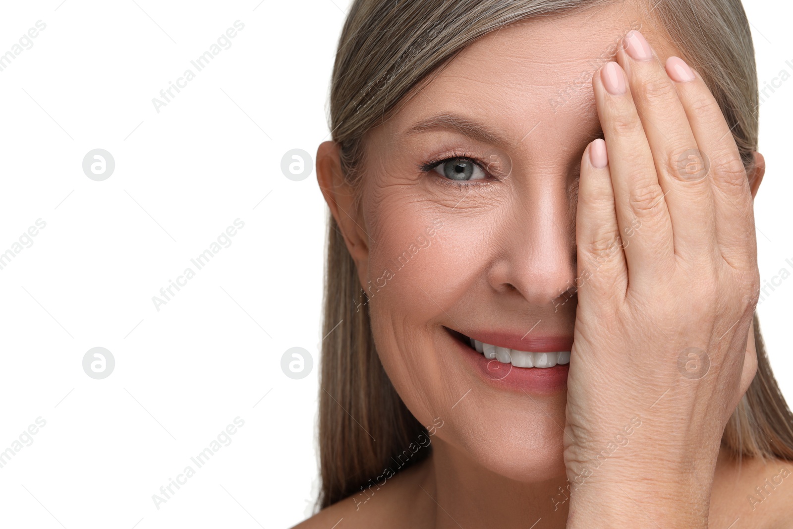 Photo of Beautiful mature woman with healthy skin on white background