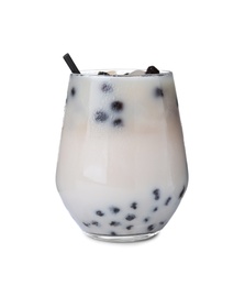 Bubble milk tea with tapioca balls in glass isolated on white