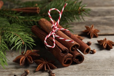 Photo of Different spices and fir branches on wooden table, closeup