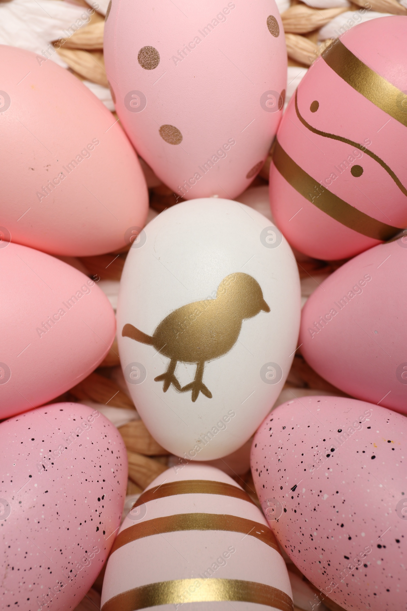 Photo of Festively decorated Easter eggs as background, closeup view
