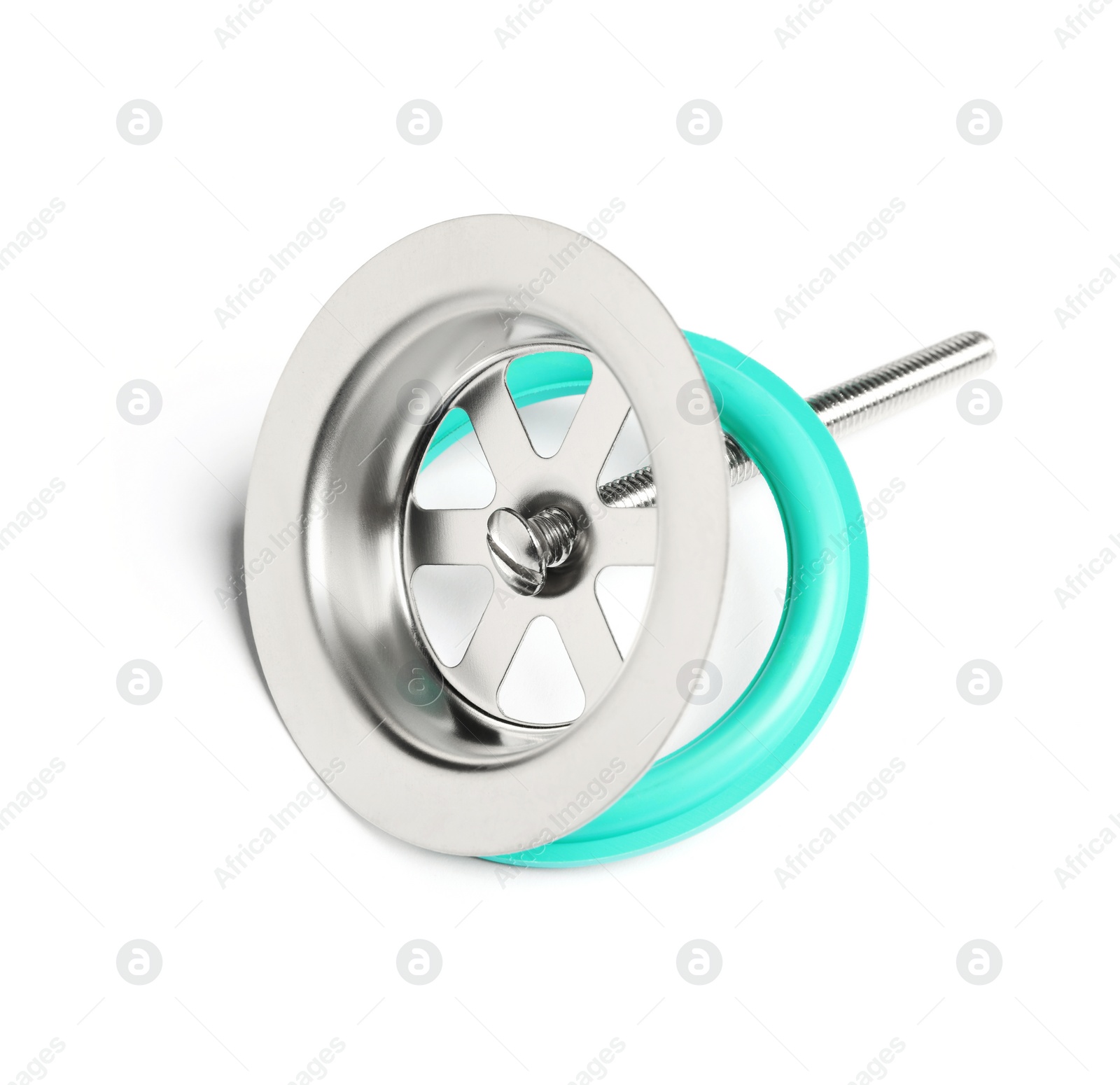 Photo of Sink strainer with rubber seal isolated on white. Plumbing supply