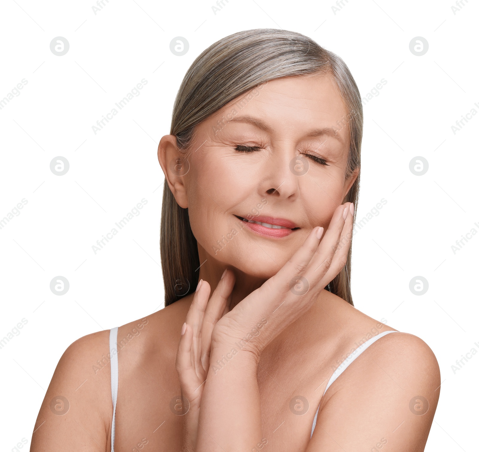 Photo of Beautiful mature woman with healthy skin on white background