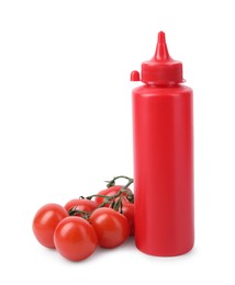 Photo of Bottle of tasty ketchup and fresh tomatoes isolated on white. Tomato sauce