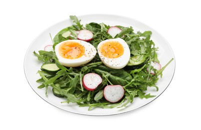 Photo of Delicious salad with boiled egg, vegetables and arugula isolated on white