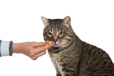 Photo of Woman giving heart shaped pill to cute cat on white background. Vitamins for animal