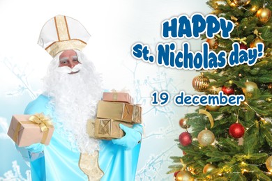 Image of Greeting card design. Saint Nicholas with presents near decorated Christmas tree