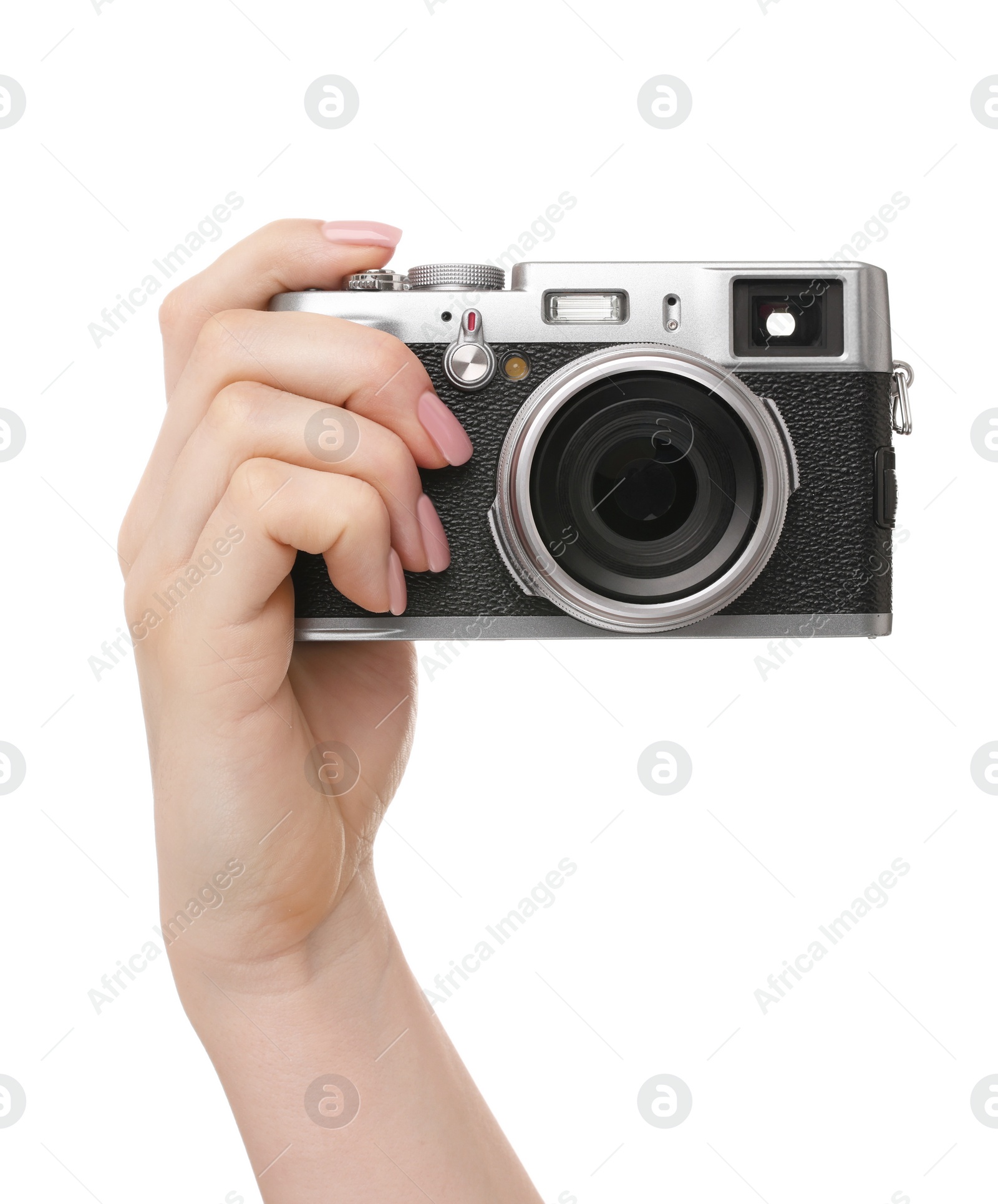 Photo of Photographer with camera on white background, closeup