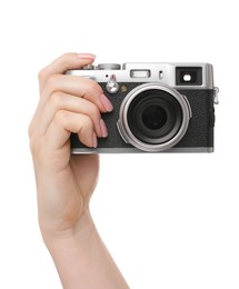 Photographer with camera on white background, closeup