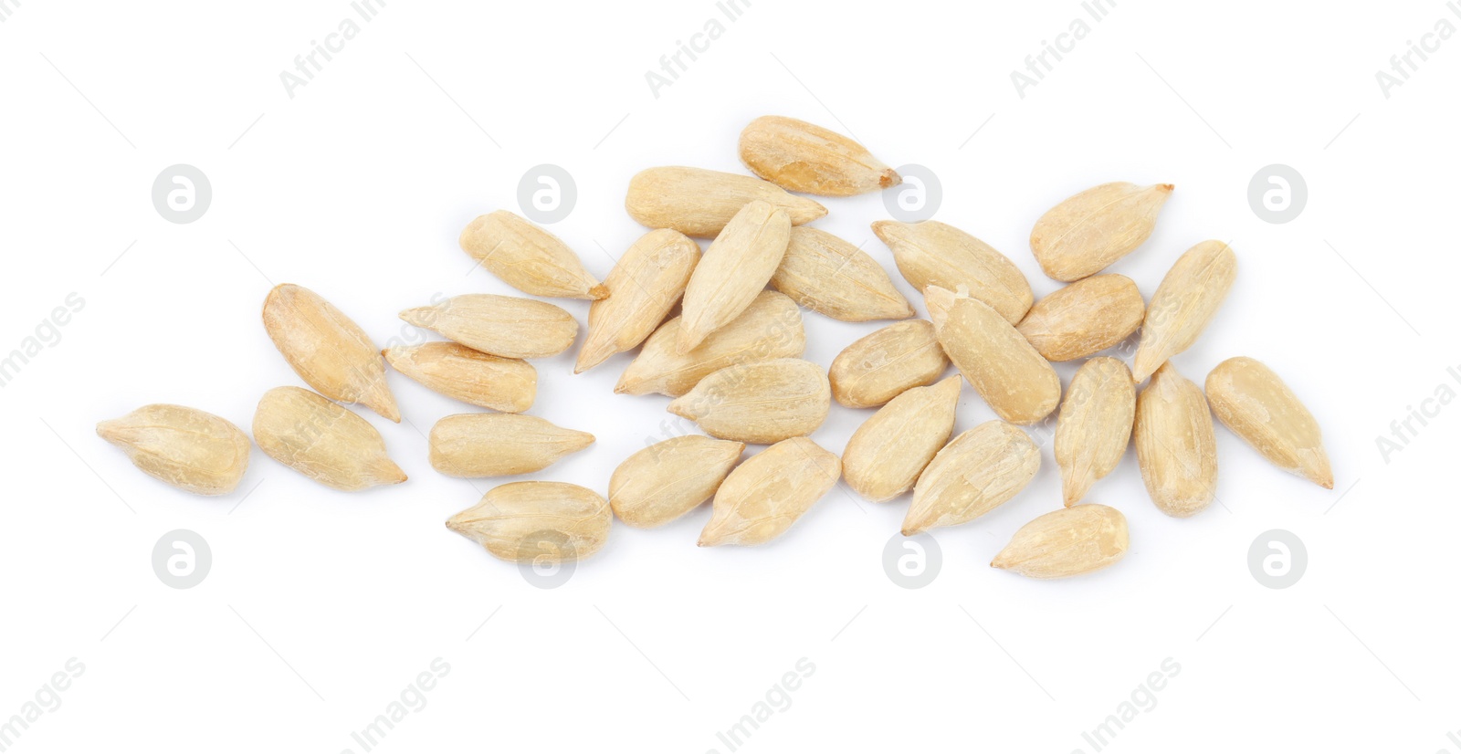 Photo of Peeled sunflower seeds on white background, top view
