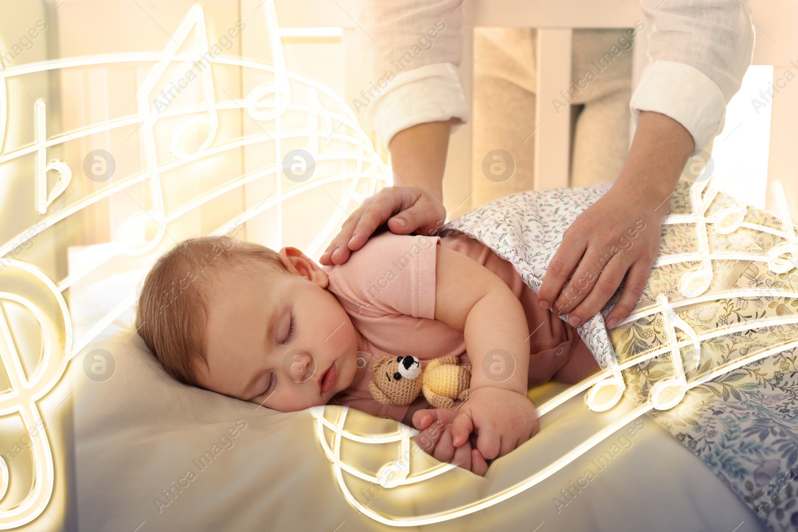 Image of Lullaby songs. Mother covering her sleeping baby with blanket at home. Illustration of flying music notes