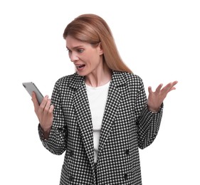 Photo of Beautiful angry businesswoman with smartphone on white background