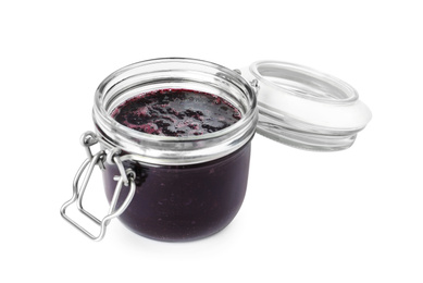 Photo of Jar of blueberry jam isolated on white