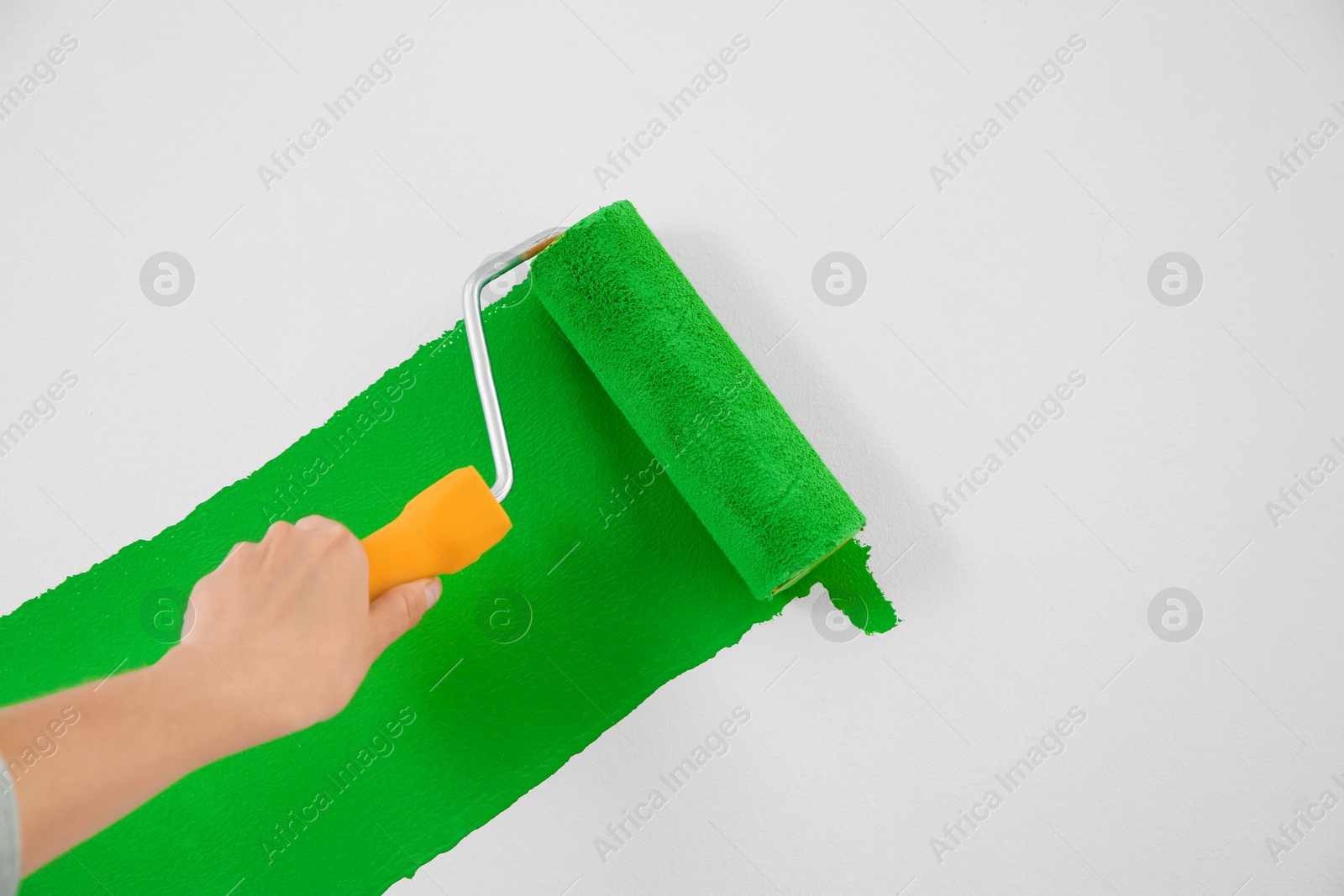 Photo of Woman painting white wall with green dye, closeup. Interior renovation