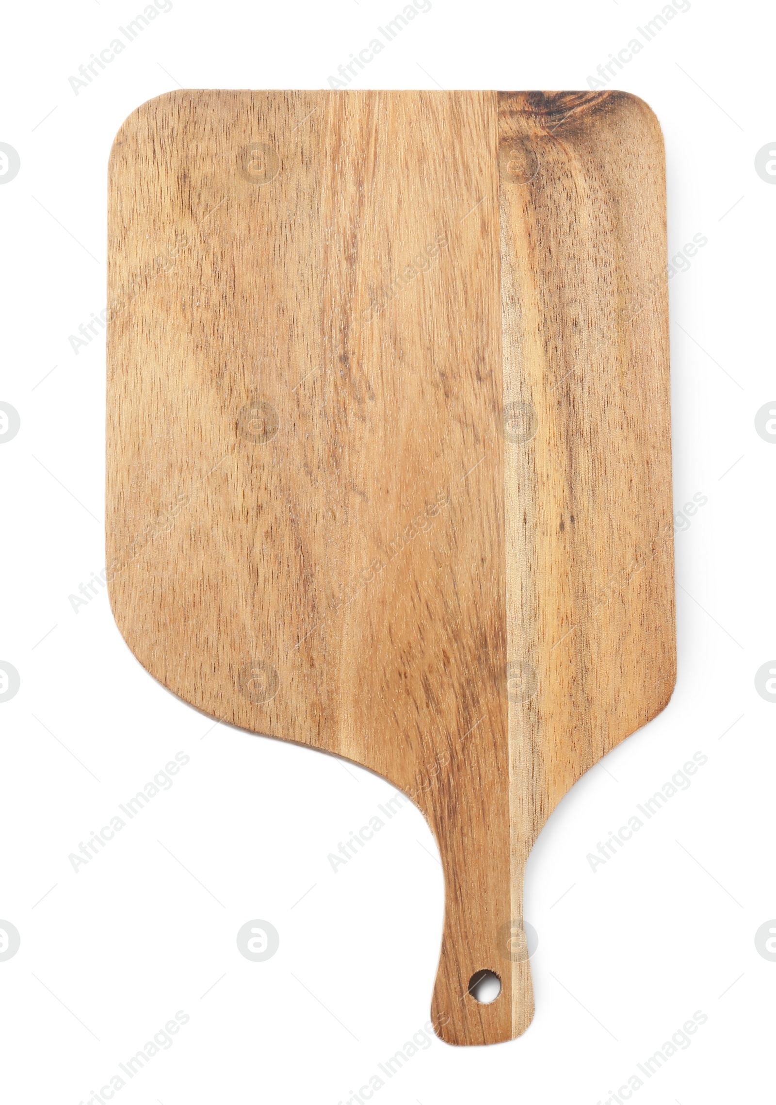 Photo of One wooden cutting board on white background, top view