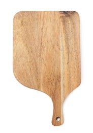 Photo of One wooden cutting board on white background, top view