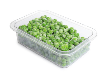 Photo of Frozen peas in plastic container isolated on white. Vegetable preservation