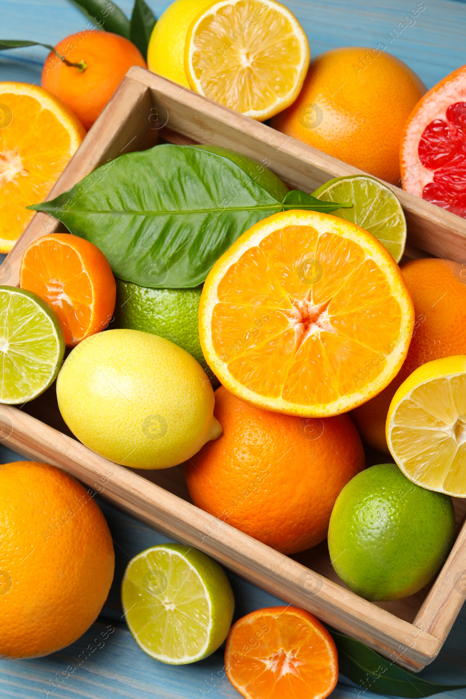 Photo of Different ripe citrus fruits with green leaves on light blue wooden table, flat lay