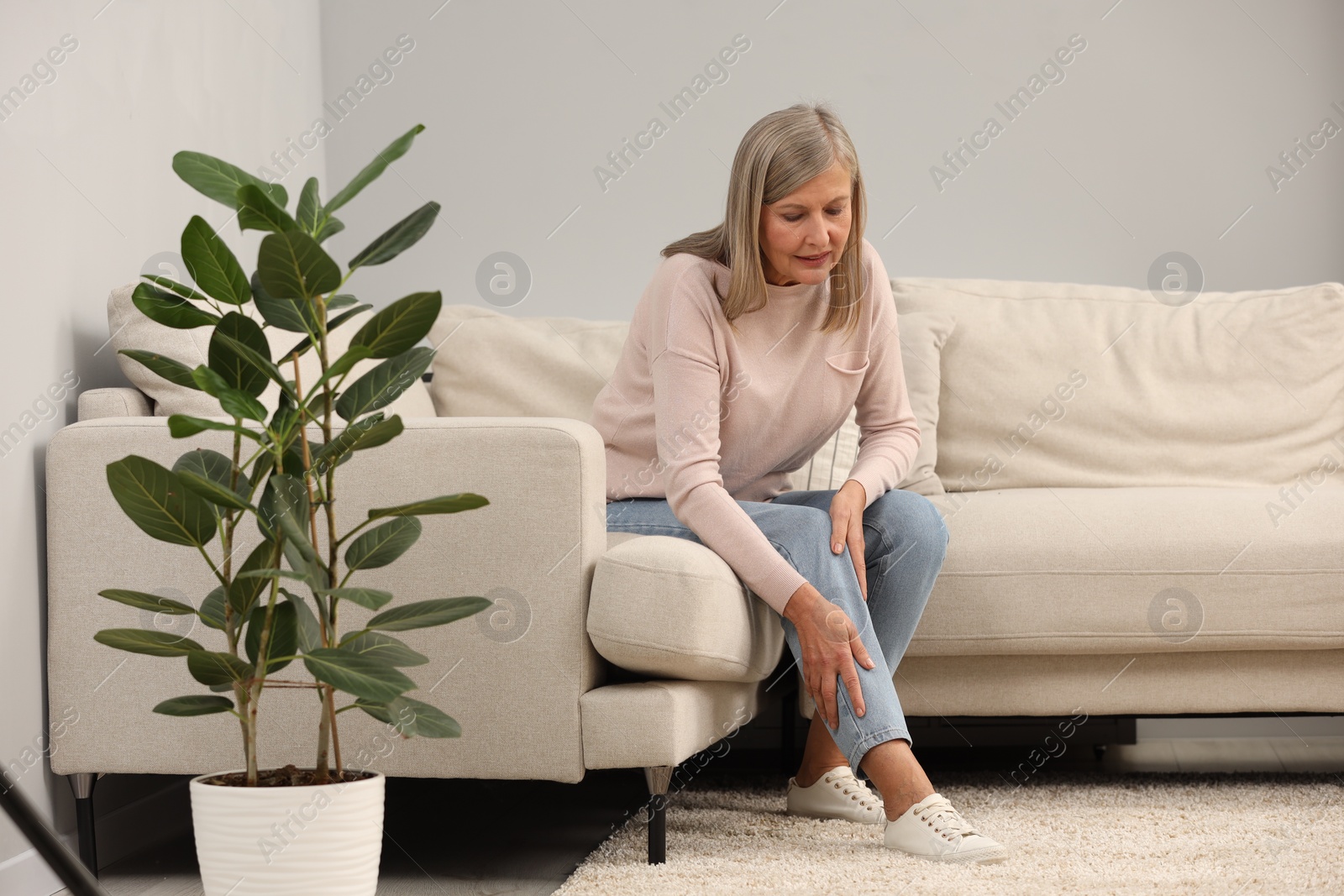 Photo of Mature woman suffering from pain in leg on sofa at home. Rheumatism symptom