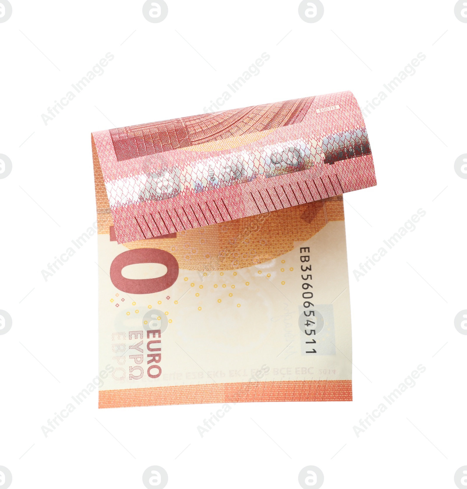 Photo of Flying ten Euro banknote isolated on white