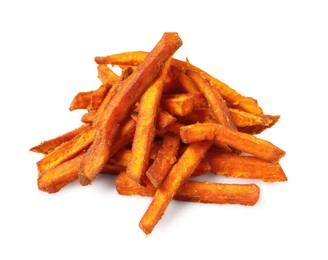 Delicious sweet potato fries on white background